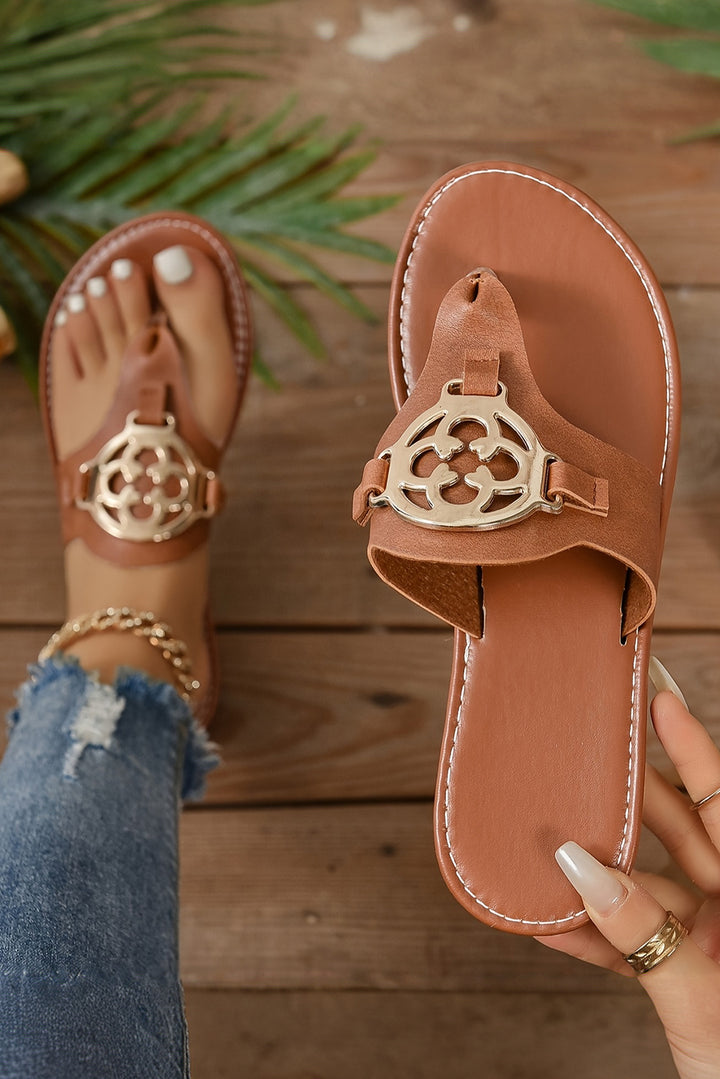Metal Decor Leather Thong Slippers