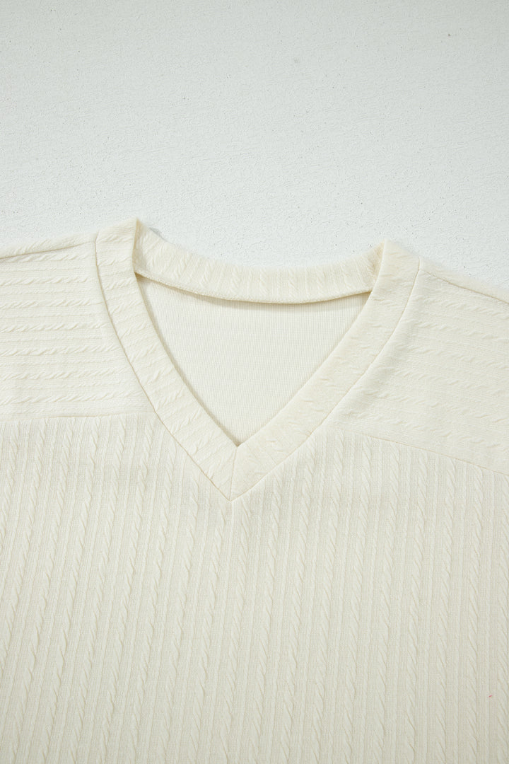 Beige Twisted Texture Knit V Neck T Shirt