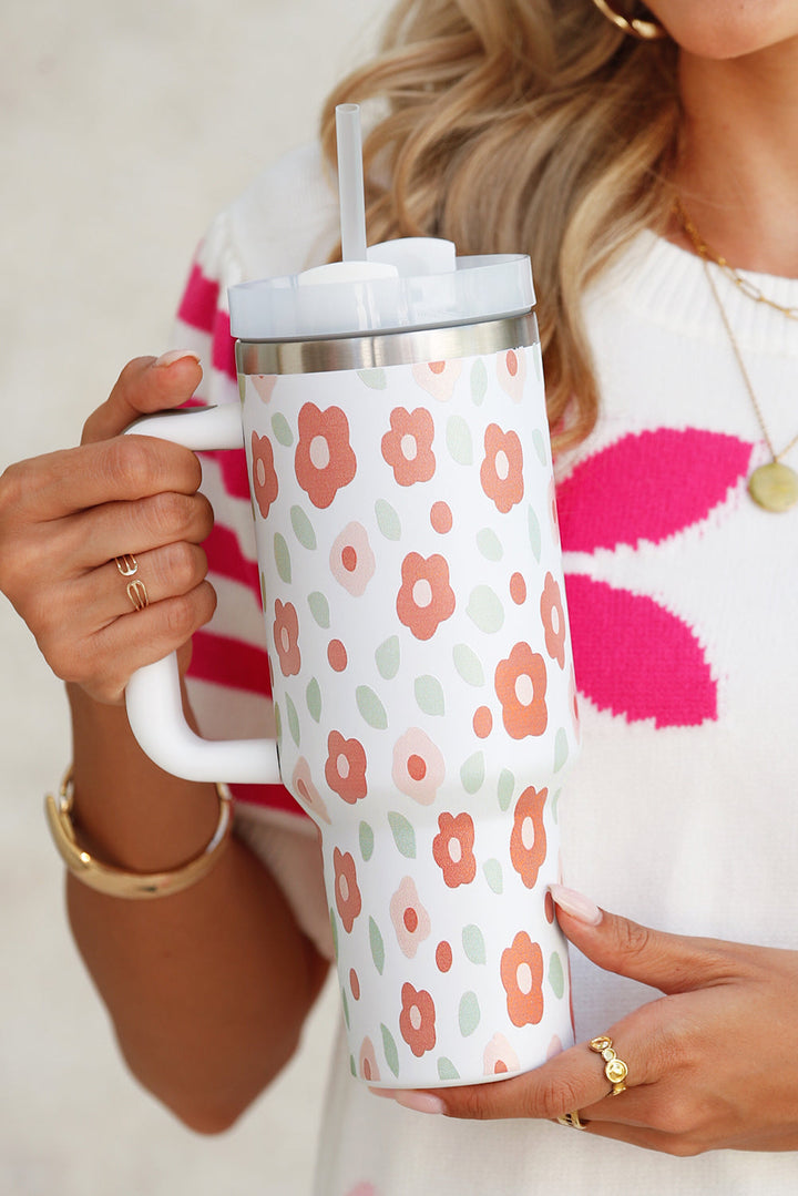 Großer tragbarer Edelstahlbecher mit Blumen- und Blätterdruck, 40 oz