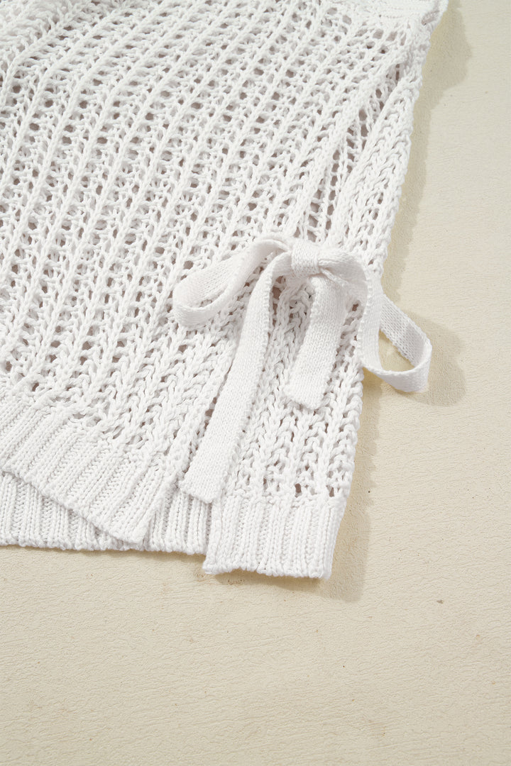 White Plus Size Open Knit Bow Tie Short Sleeve Sweater