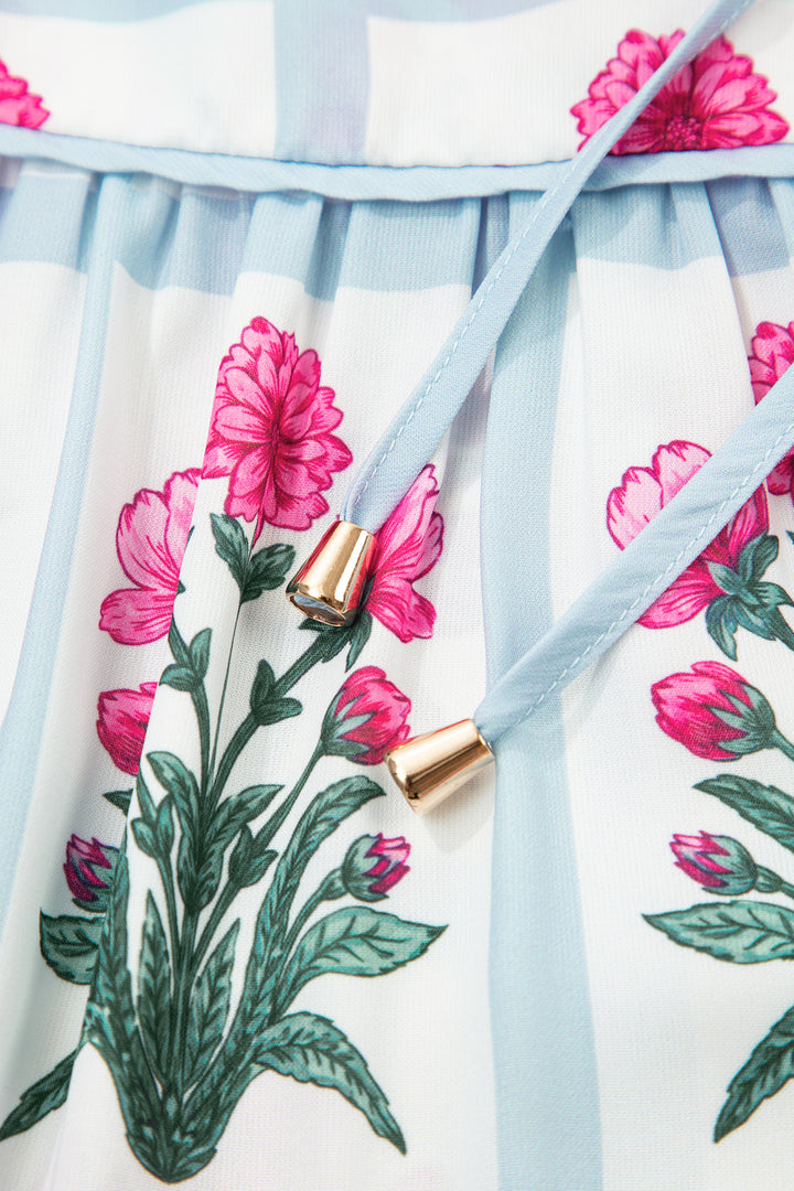 Pink Floral Flutter Sleeve Split V Neck Top