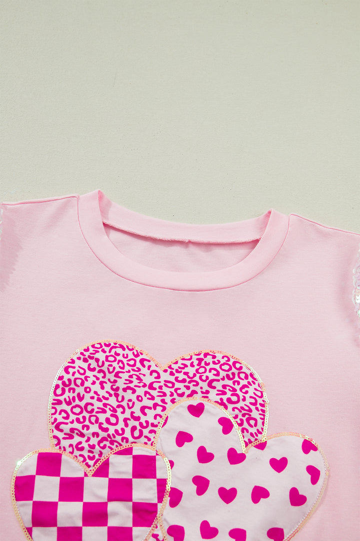 Light Pink Three Sweet Hearts Printed Sequin Trim Contrast Sleeve Patchwork Tee