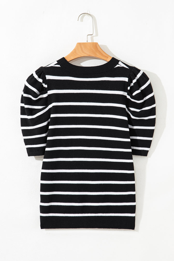 Ribbed Trim Round Neck Bubble Sleeve Knitted Top