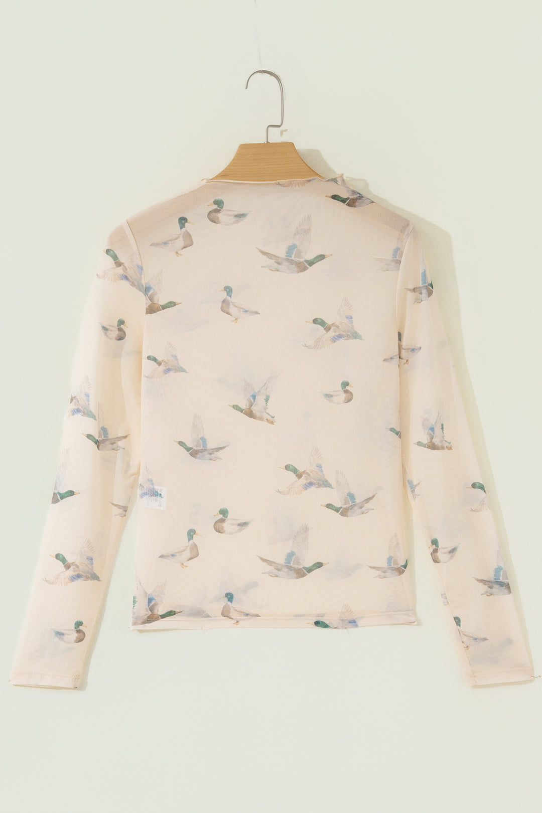 Beige High Neck Western Print Mesh Sheer Long Sleeve Top