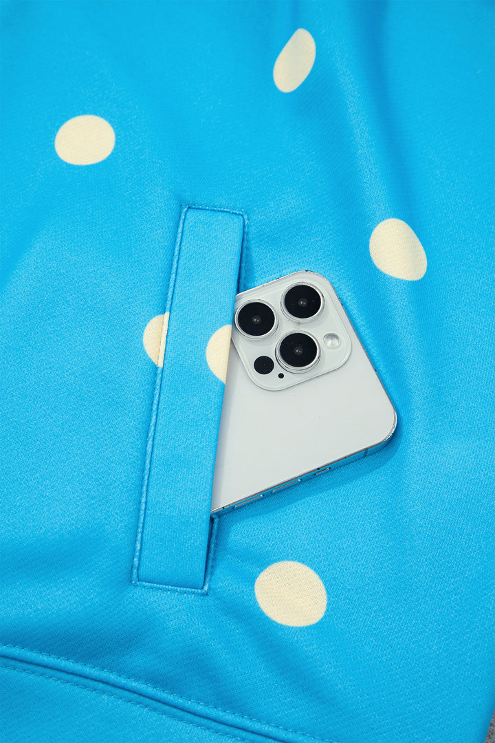 Blue Polka Dot Hooded Drawstring Long Sleeve Plus Size Set