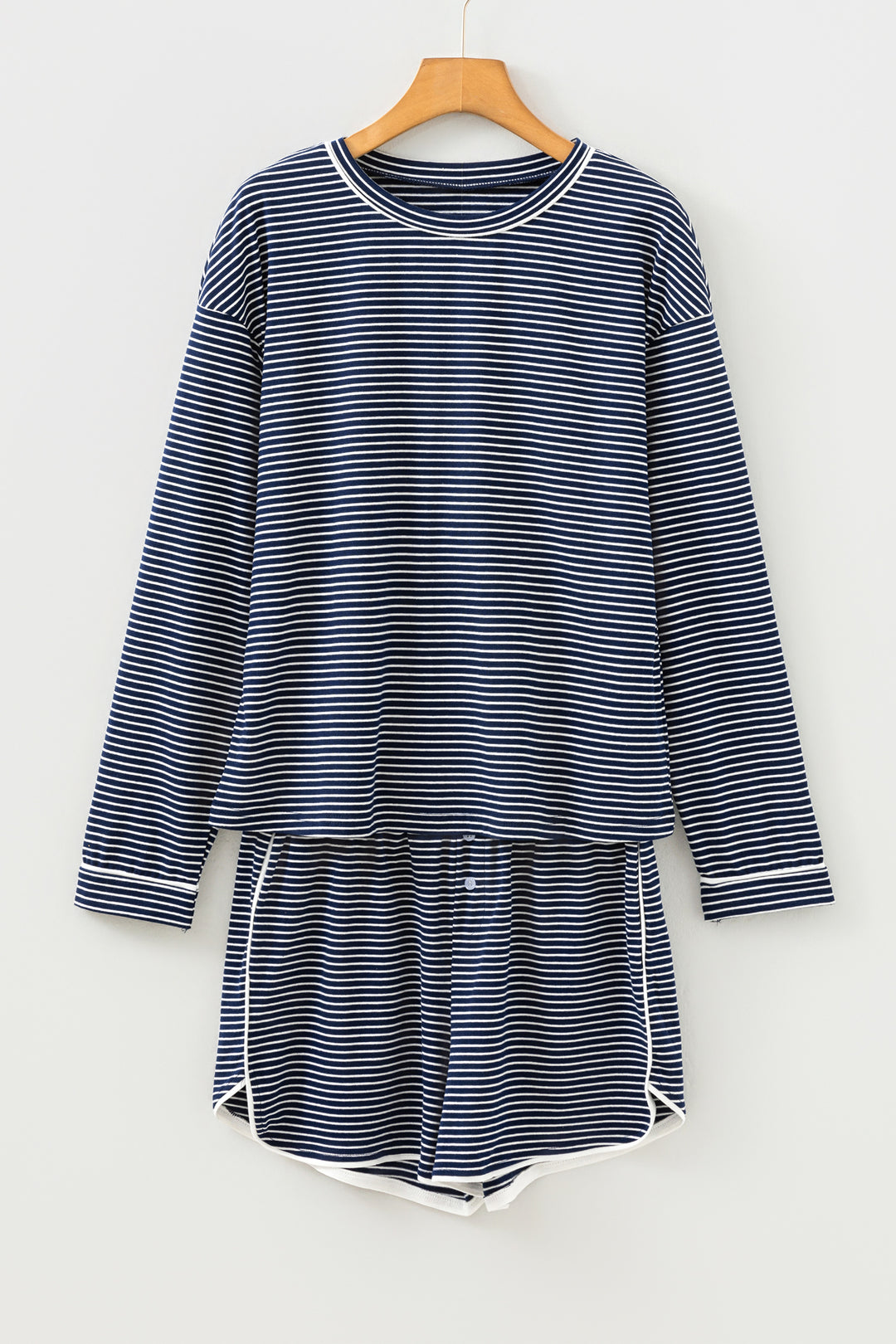 Blue Stripe Drop Shoulder Round Neck Long Sleeve Tee and Buttoned Shorts 2pcs Lounge Set