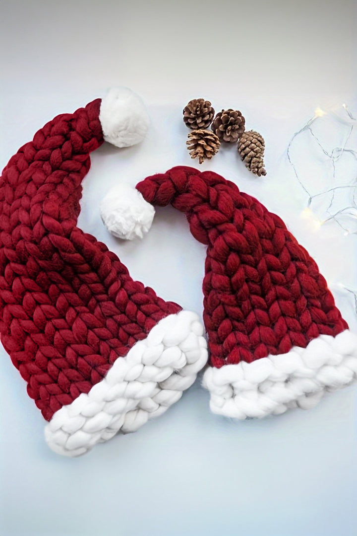 Color Block Pom Pom Decor Chunky Knitted Christmas Hat