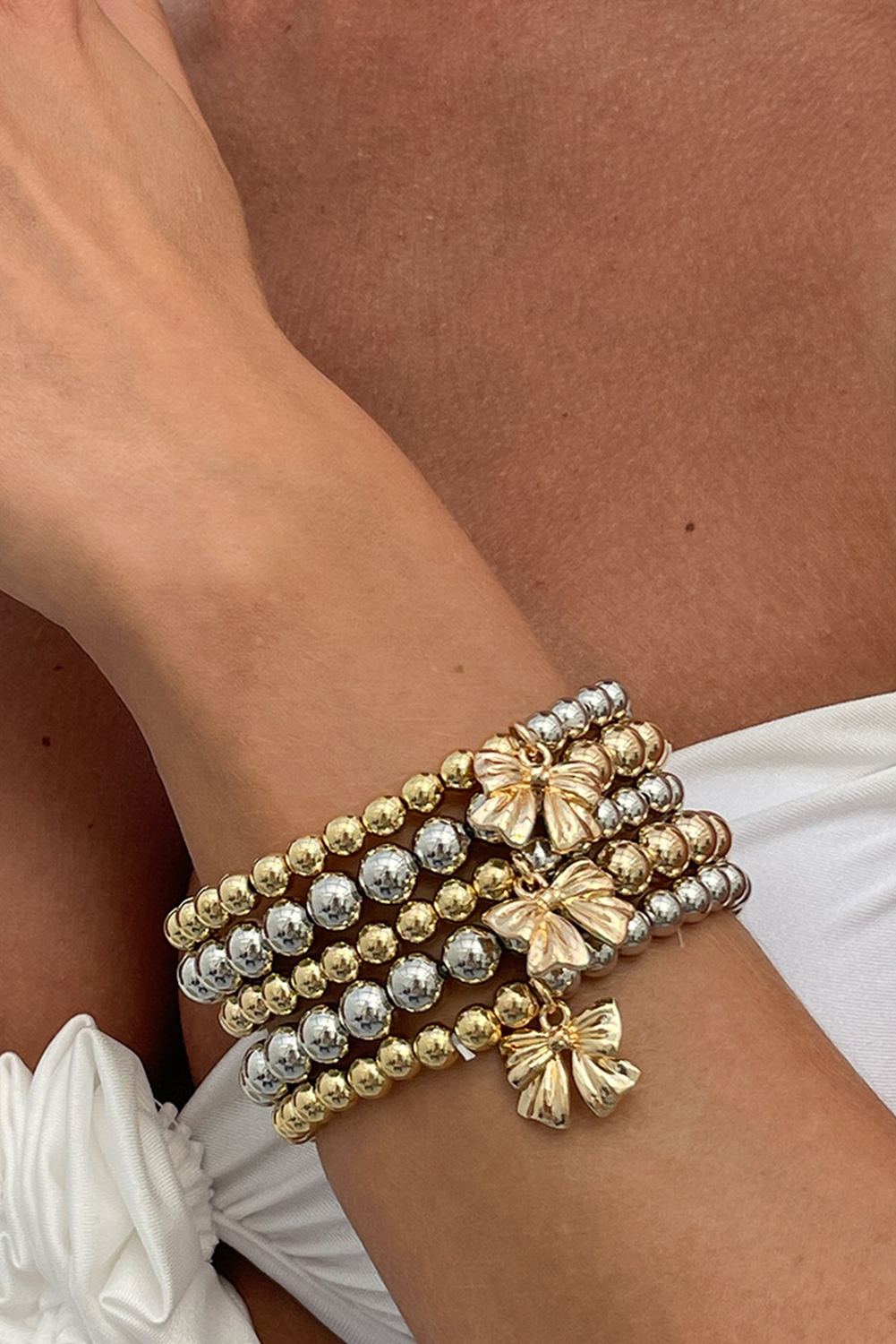 Bowknot Charm Color Block Beaded Bracelet Set
