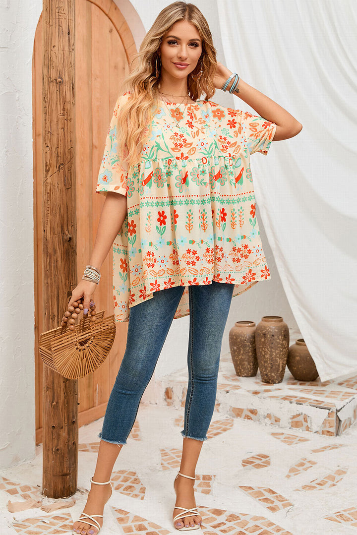 Apricot Ethnic Floral Print Rolled Sleeve Babydoll Top