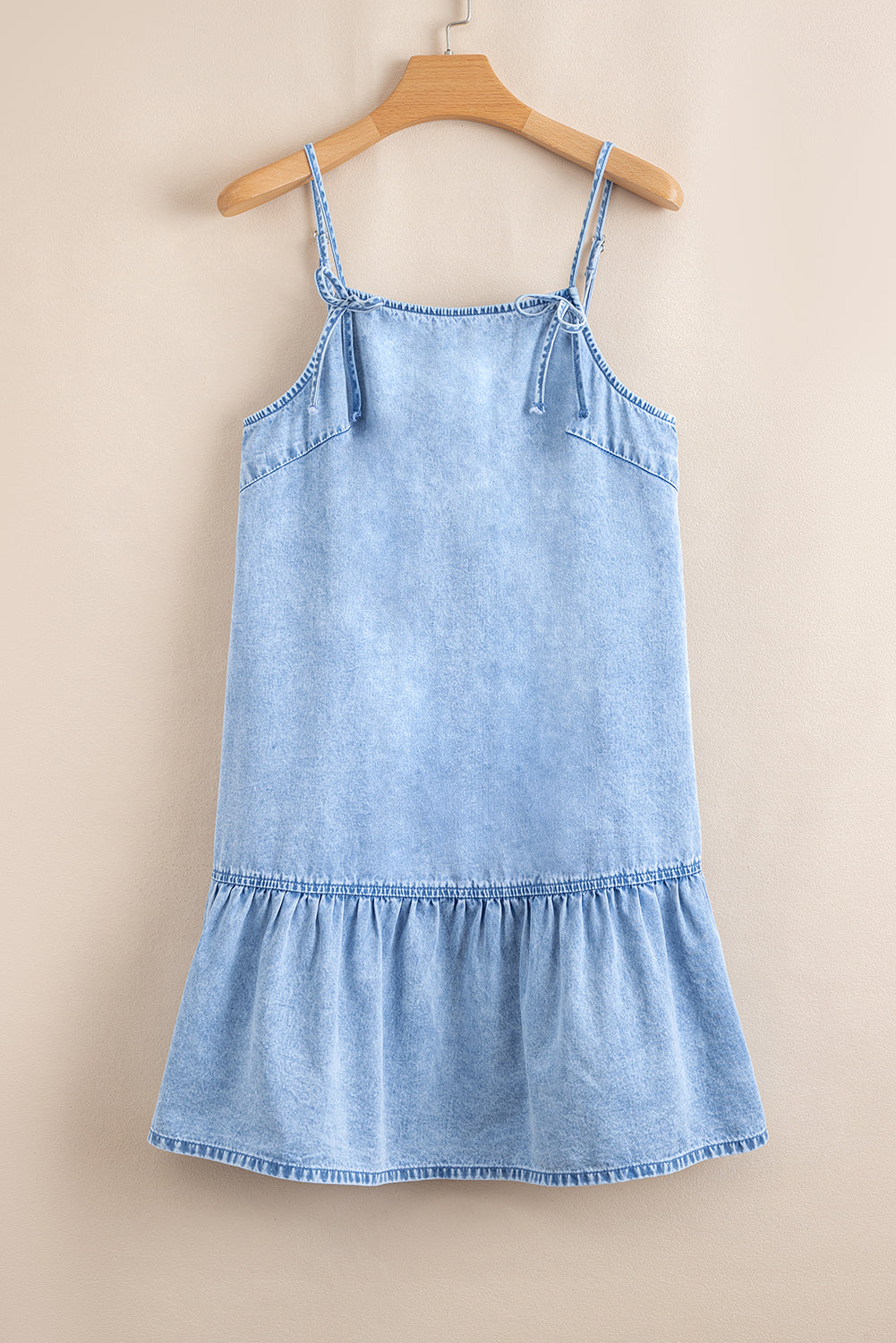 Bow Detail Spaghetti Straps Ruffle Hem Denim Short Dress