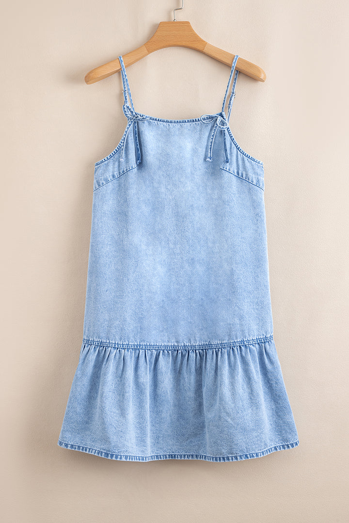Bow Detail Spaghetti Straps Ruffle Hem Denim Short Dress