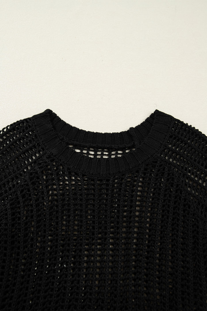 Black Plus Size Open Knit Bow Tie Short Sleeve Sweater
