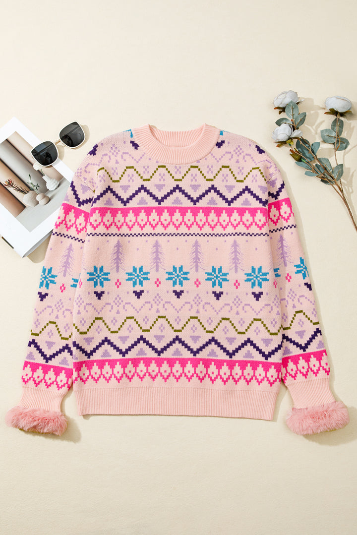 Ethnic Christmas Pattern Knit Feather Cuffed Sweater