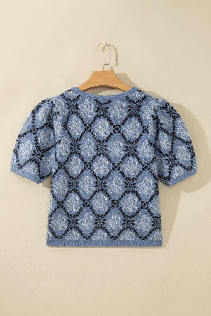 Dark Blue Short Sleeve Button Front Boho Knit Top Cardigan