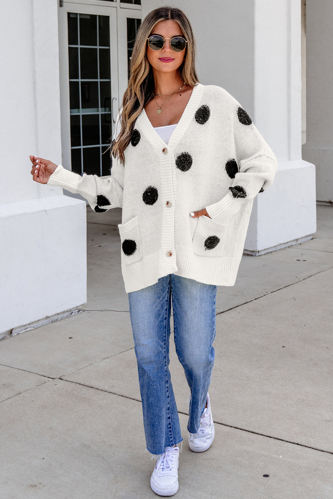 Beige Polka Dot Button Front Oversized V Neck Cardigan