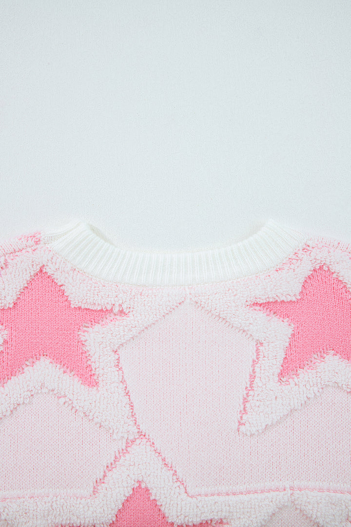 Oversized Cute Star Pattern Ribbed Edge Drop Shoulder Sweater