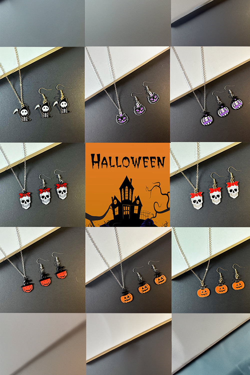 Ensemble de bijoux avec collier et boucles d'oreilles en forme de visage de citrouille pour Halloween