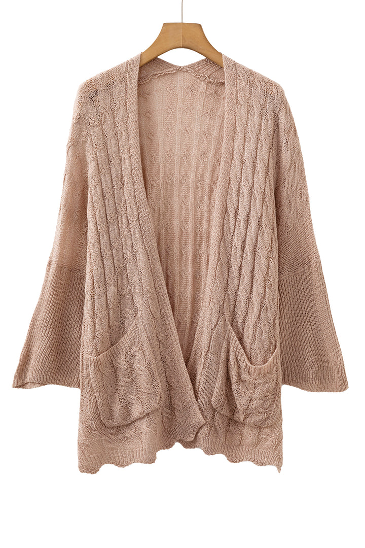 Old Rose Drop Shoulder Crochet Knit Open Front Cardigan