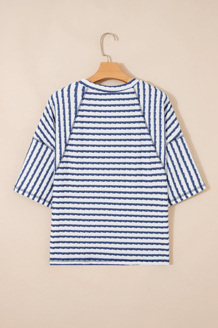 Blue Stripe Textured Knit Split Hem Half Sleeve Loose Top