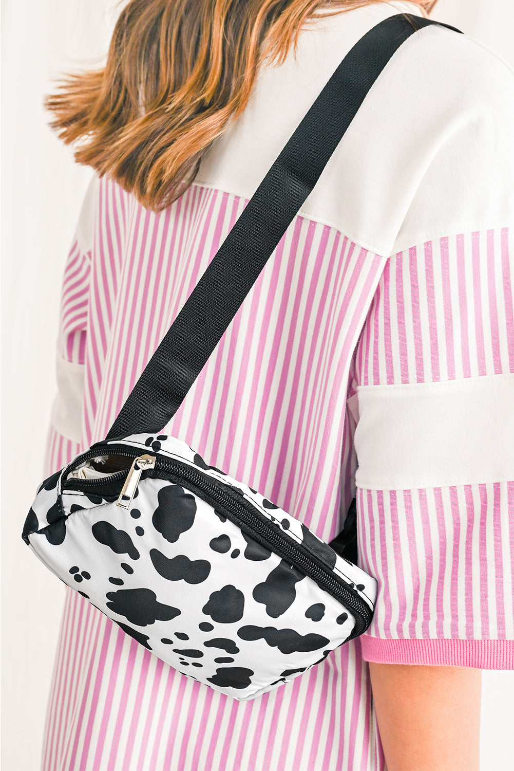 Cow Pattern Print Buckle Wide Belt Inclined Shoulder Bag