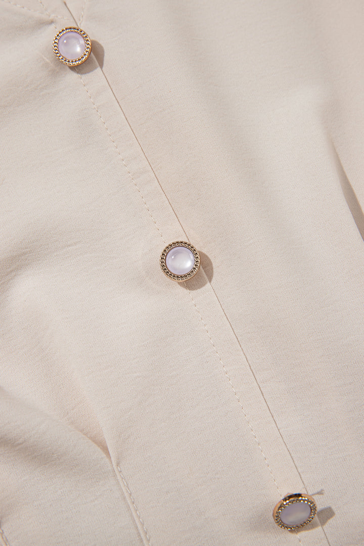 Oatmeal V Neck Long Sleeve Smocked Waist Elegant Blouse