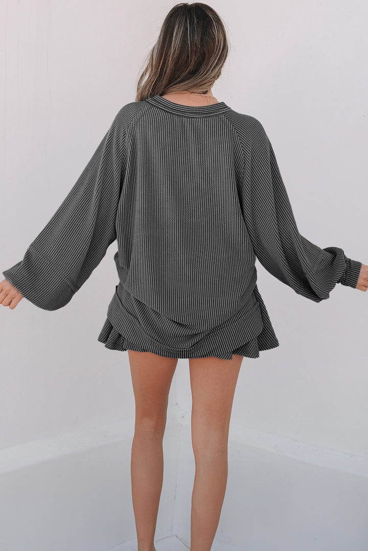 Dark Grey Corded Top High Waist Ruffled Mini Skort Set