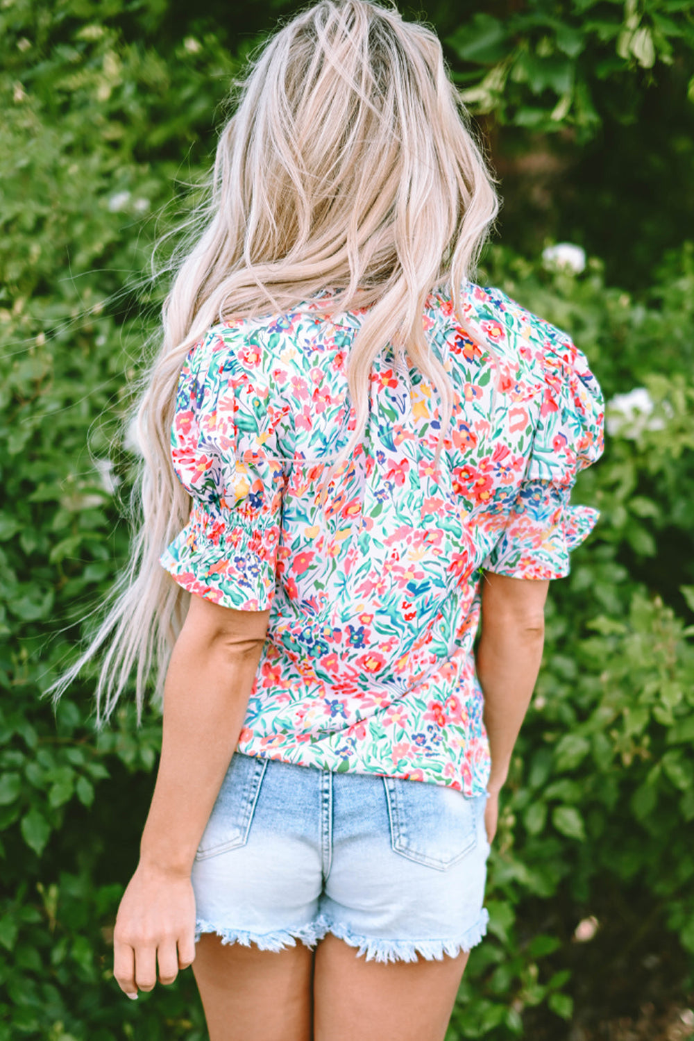 Floral Print Button Split Neck Puff Sleeve Blouse