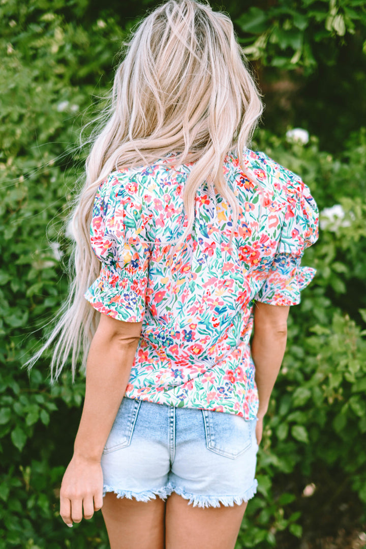 Floral Print Button Split Neck Puff Sleeve Blouse