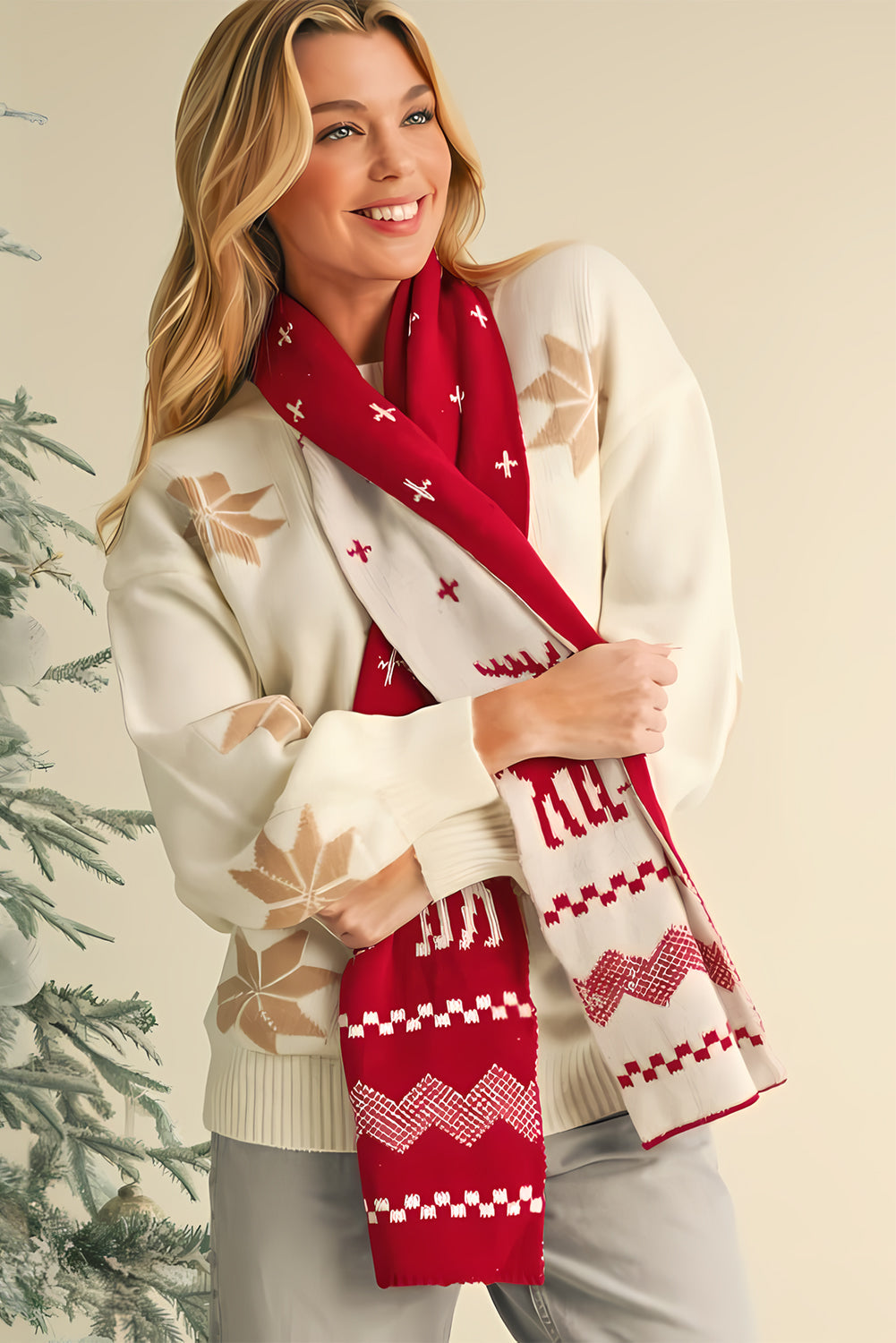 Elk Christmas Tree Print Knitted Scarf