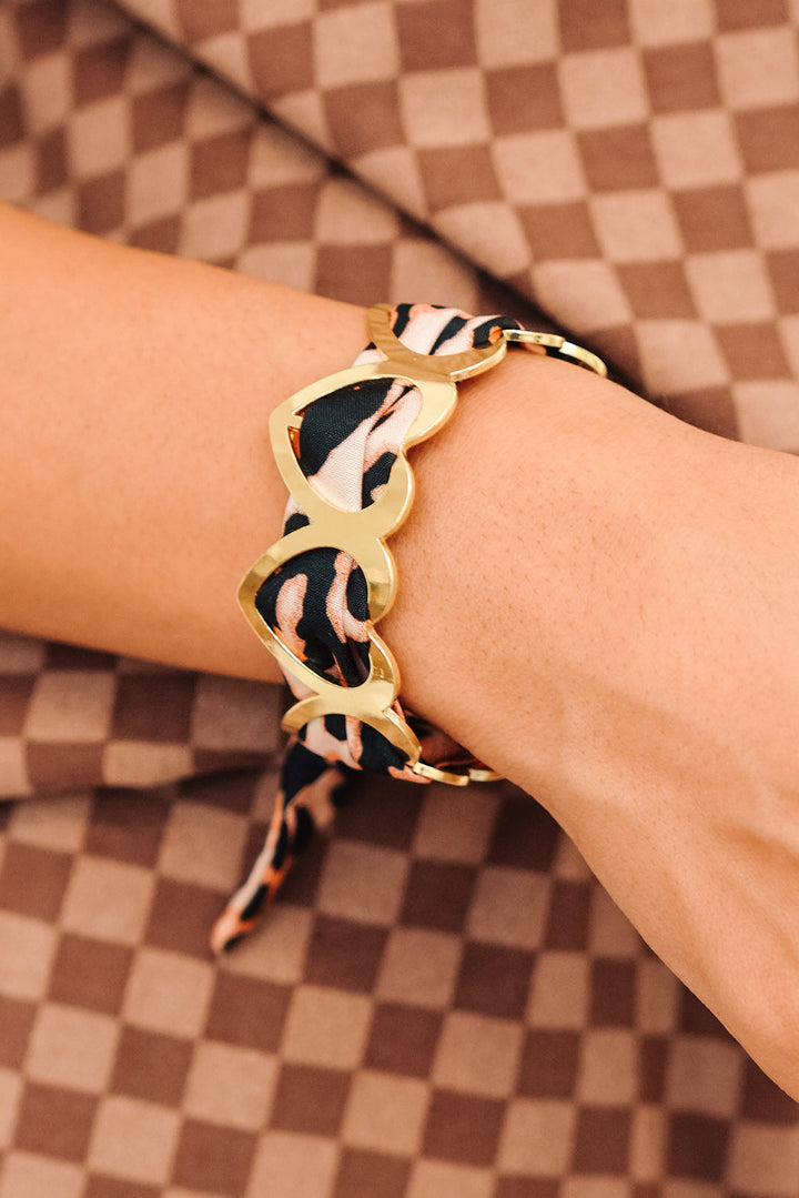 Bracelet en forme de cœur plaqué or avec ruban léopard et ficelle