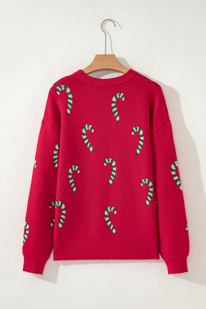 Racing Red Christmas Candy Cane Holiday Drop Shoulder Sweater