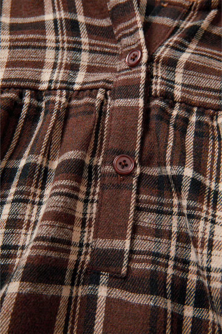 Plaid Patchwork Long Sleeve Button Hooded Blouse