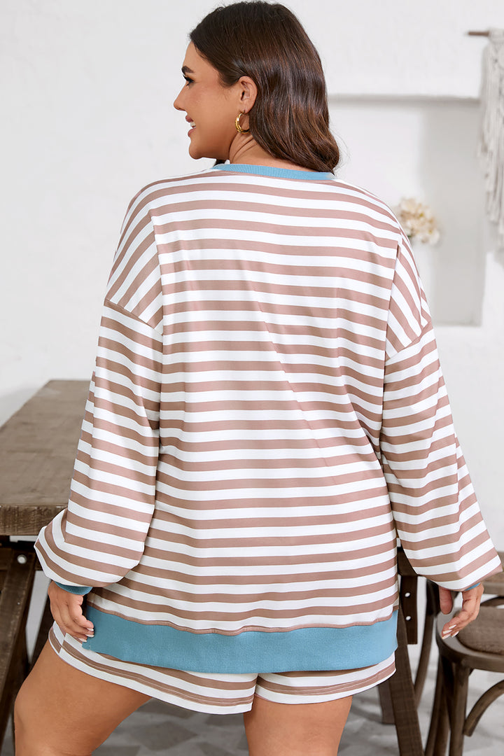 Khaki Stripe Contrast Edge Pullover and Shorts Plus Size Set