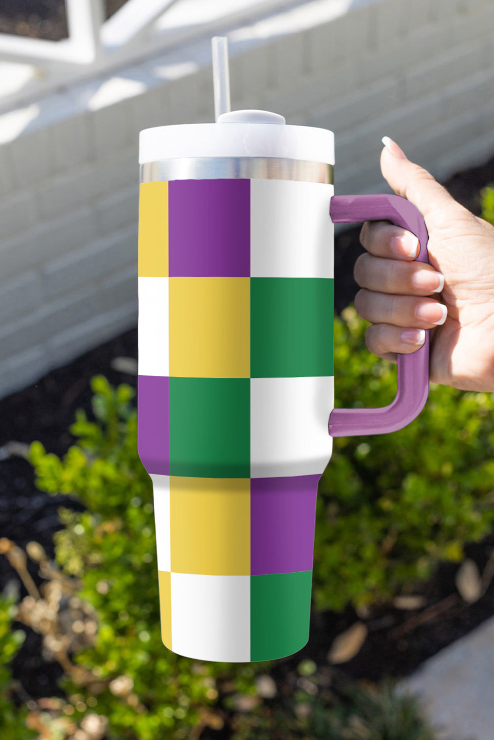Mardi Gras Checkered Print Handle Large Tumbler 40oz