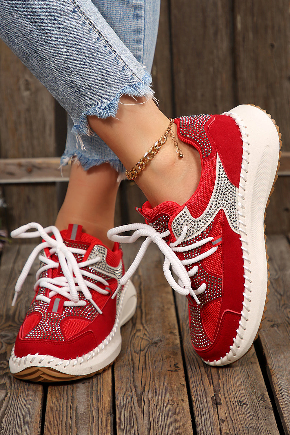 Rhinestone Embellished Color Block Patchwork Lace-up Breathable Sneakers