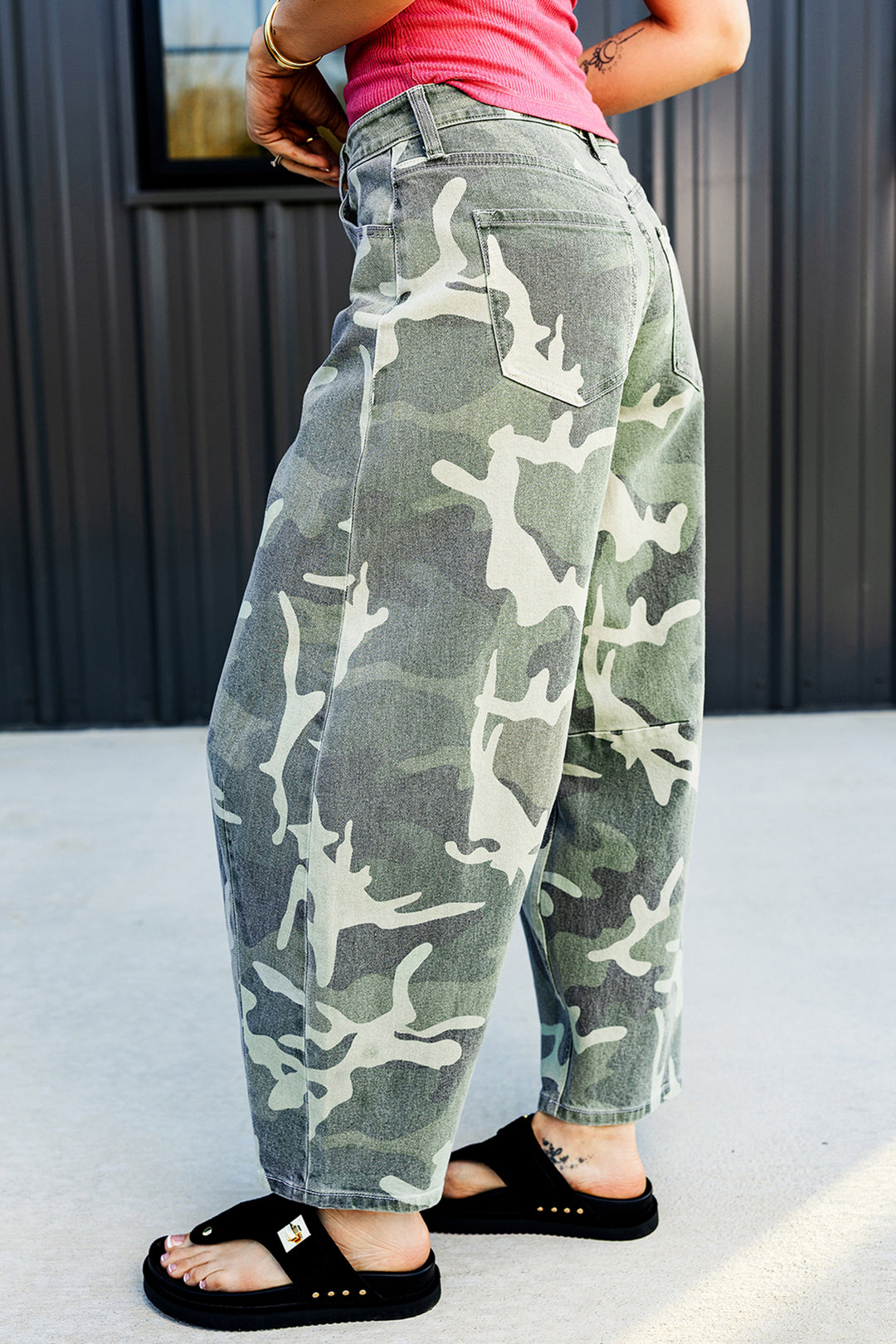 Green Camo Print Button Fly Straight Leg Ankle Length Jeans