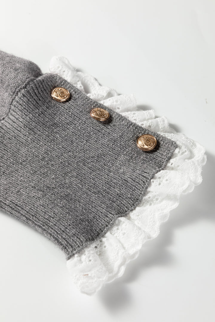 Sleet Lace Trim Patchwork Buttoned Cuffs Loose Sweater