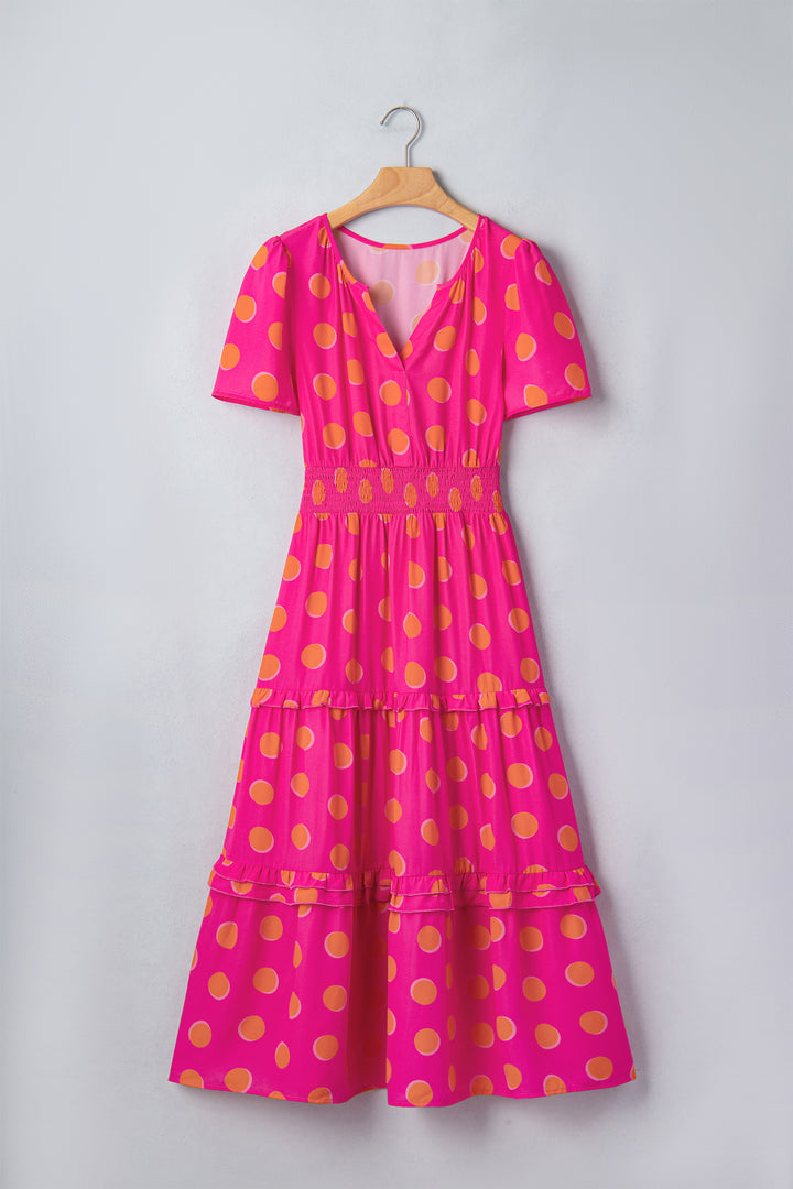 Rose Double Polka Dot Short Sleeve Shirred High Waist Midi Dress