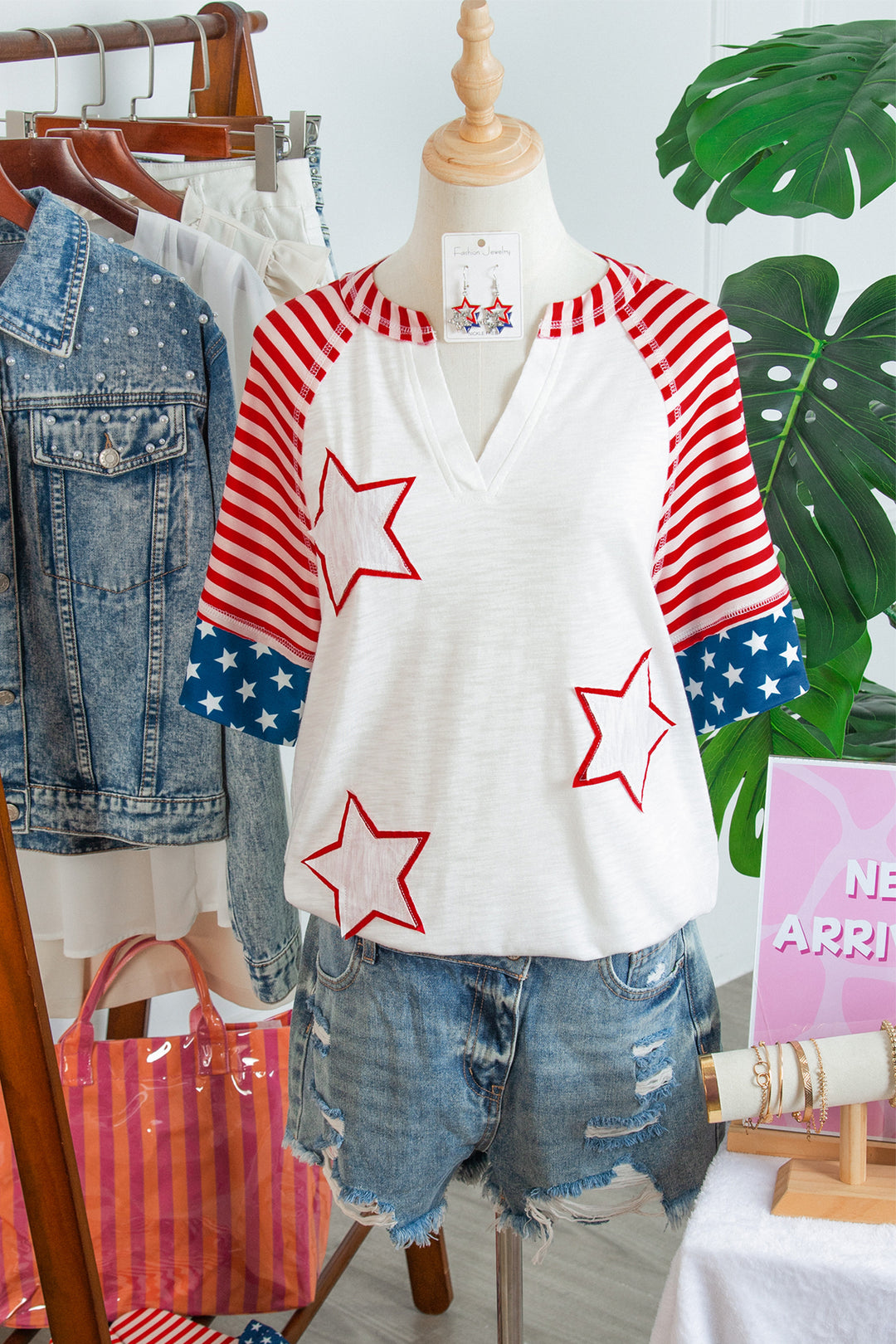 Fiery Red Star Detail Flag Inspired Short Sleeve Top