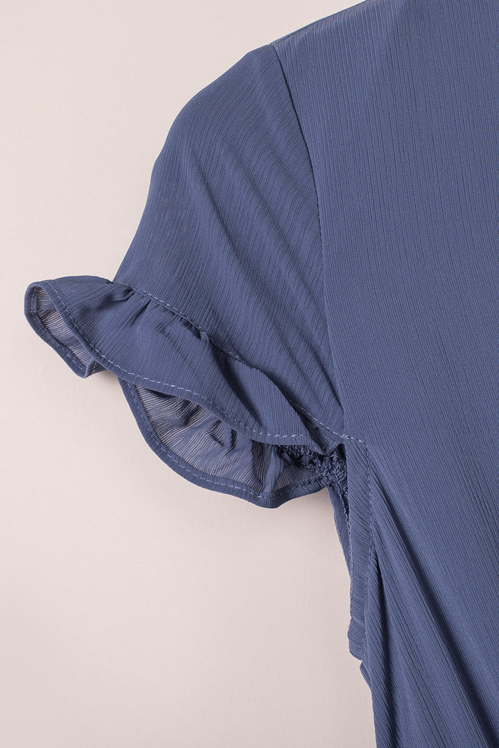 Blue Deep V Neck Self-tie Knotted Front Layered Flare Mini Dress