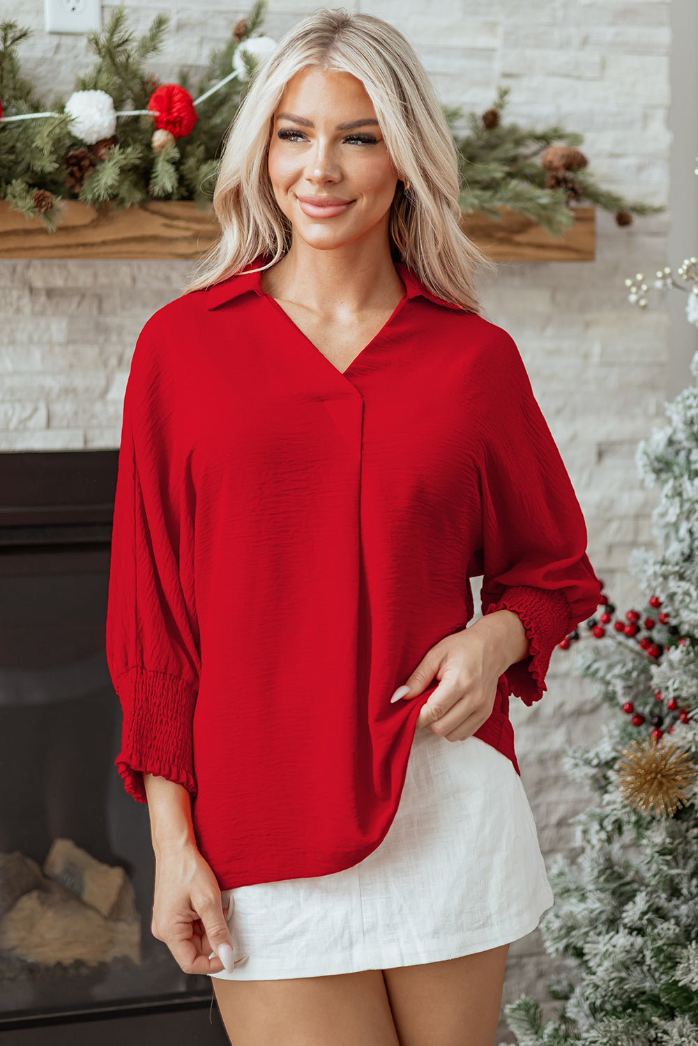 V Neck Collared Shirred 3/4 Sleeve Oversized Tunic Top