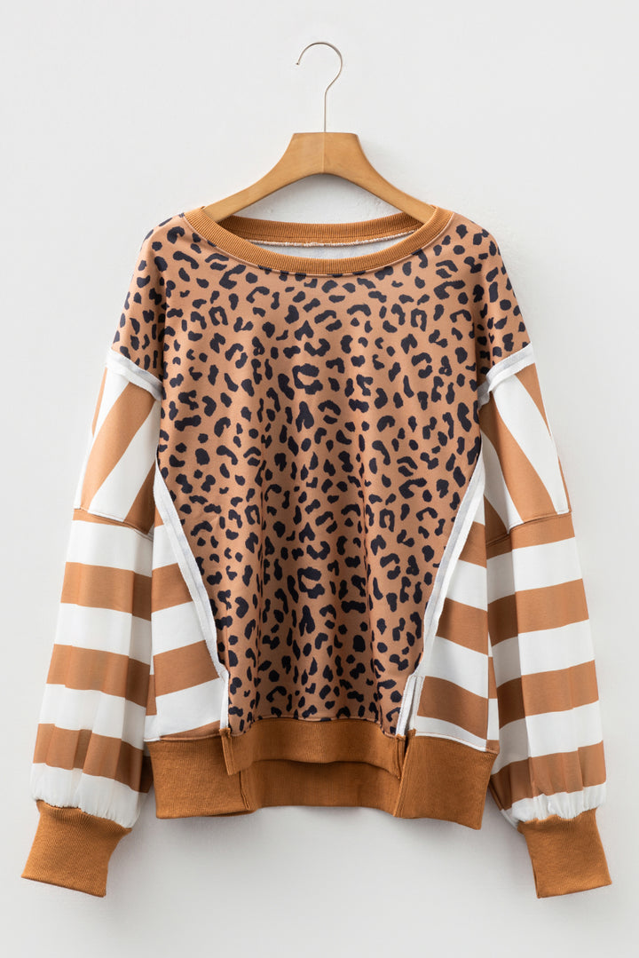 Color Block Patchwork Leopard Casual Sweatshirt with Slits