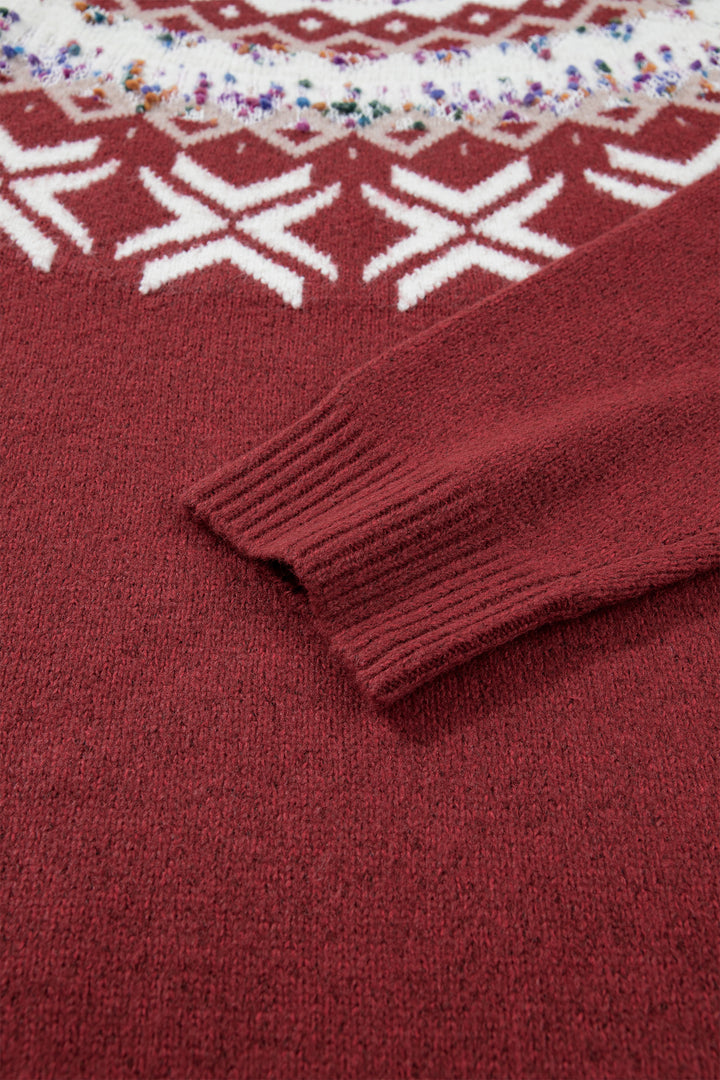 Red Dahlia Christmas Theme Geometric Pattern Knit Round Neck Shift Sweater