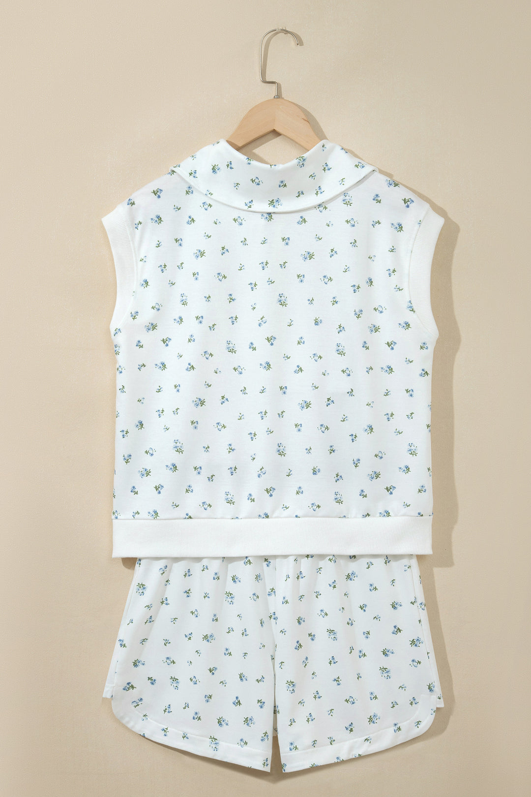 White Floral Print Half Zip Top Matching Short Set