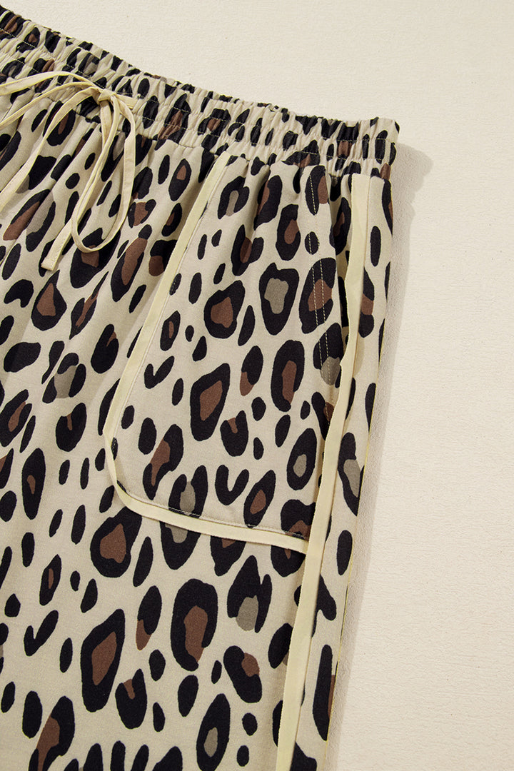 Khaki Exposed Seam Patched Pocket Plus Size Drawstring Leopard Wide Leg Pants
