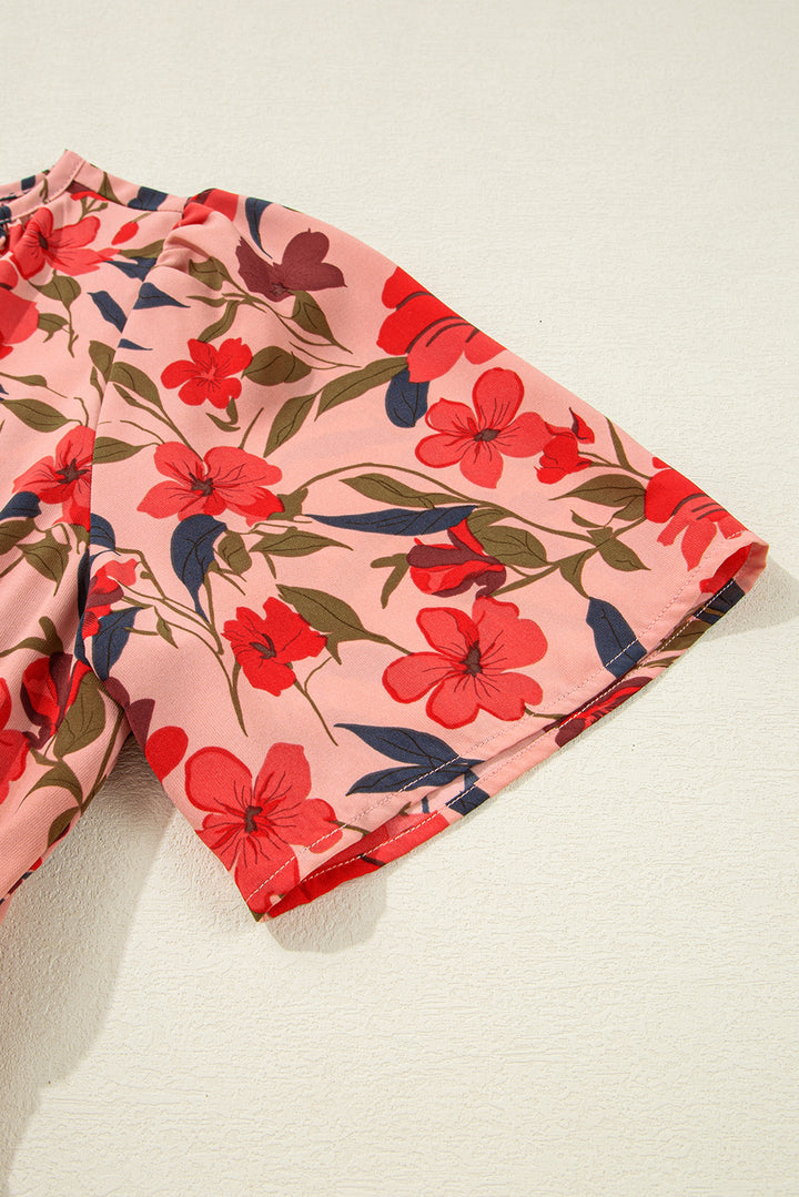 Red Floral Print Wrap V Neck Short Sleeve High Waistband Mini Dress