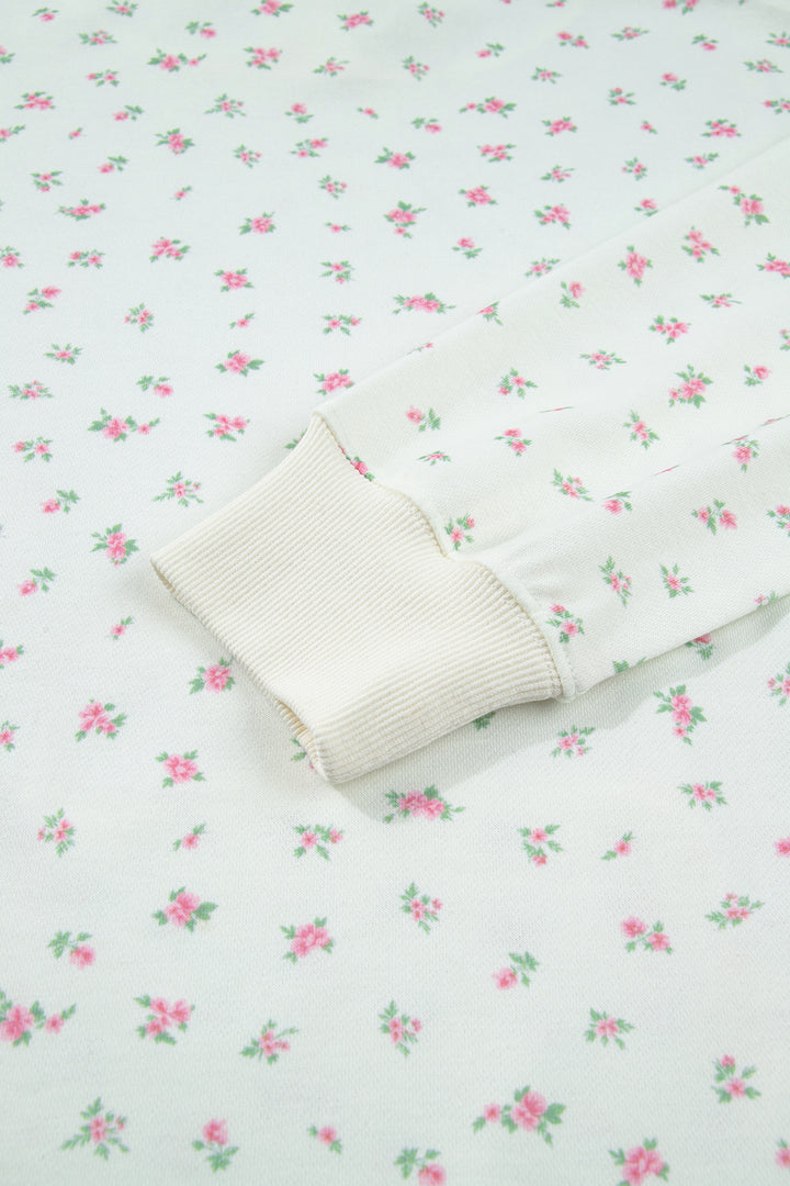 White Floral Print Ribbing Drawstring Hem Long Sleeve Hoodie