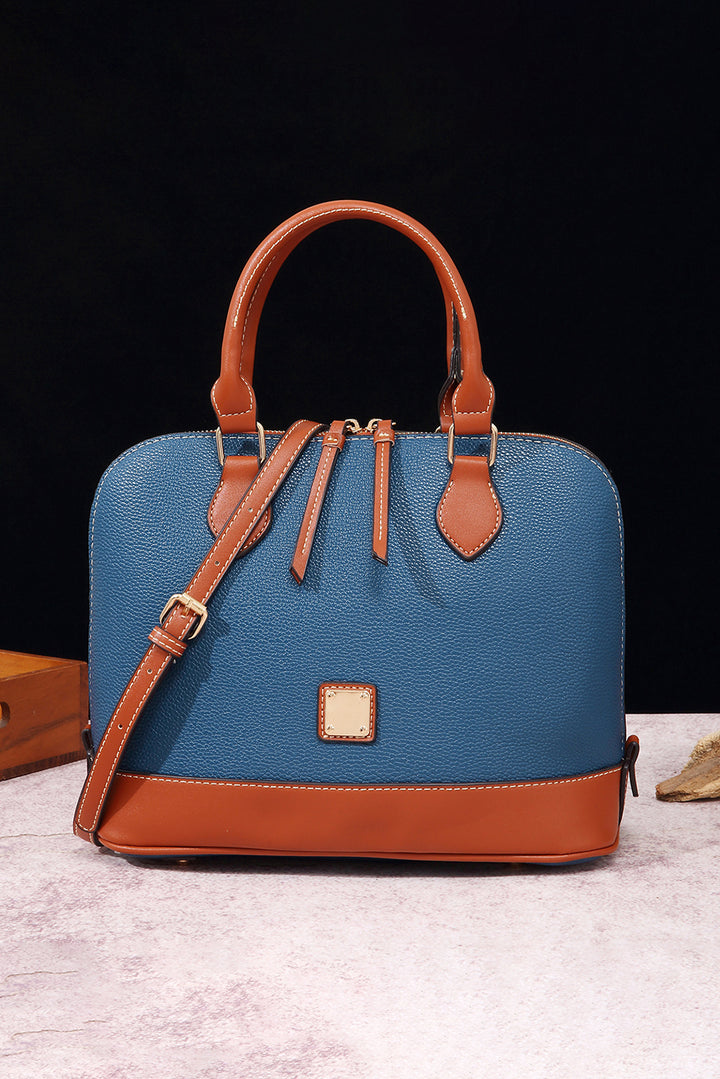 Color Contrast PU Leather Zipper Tote Bag