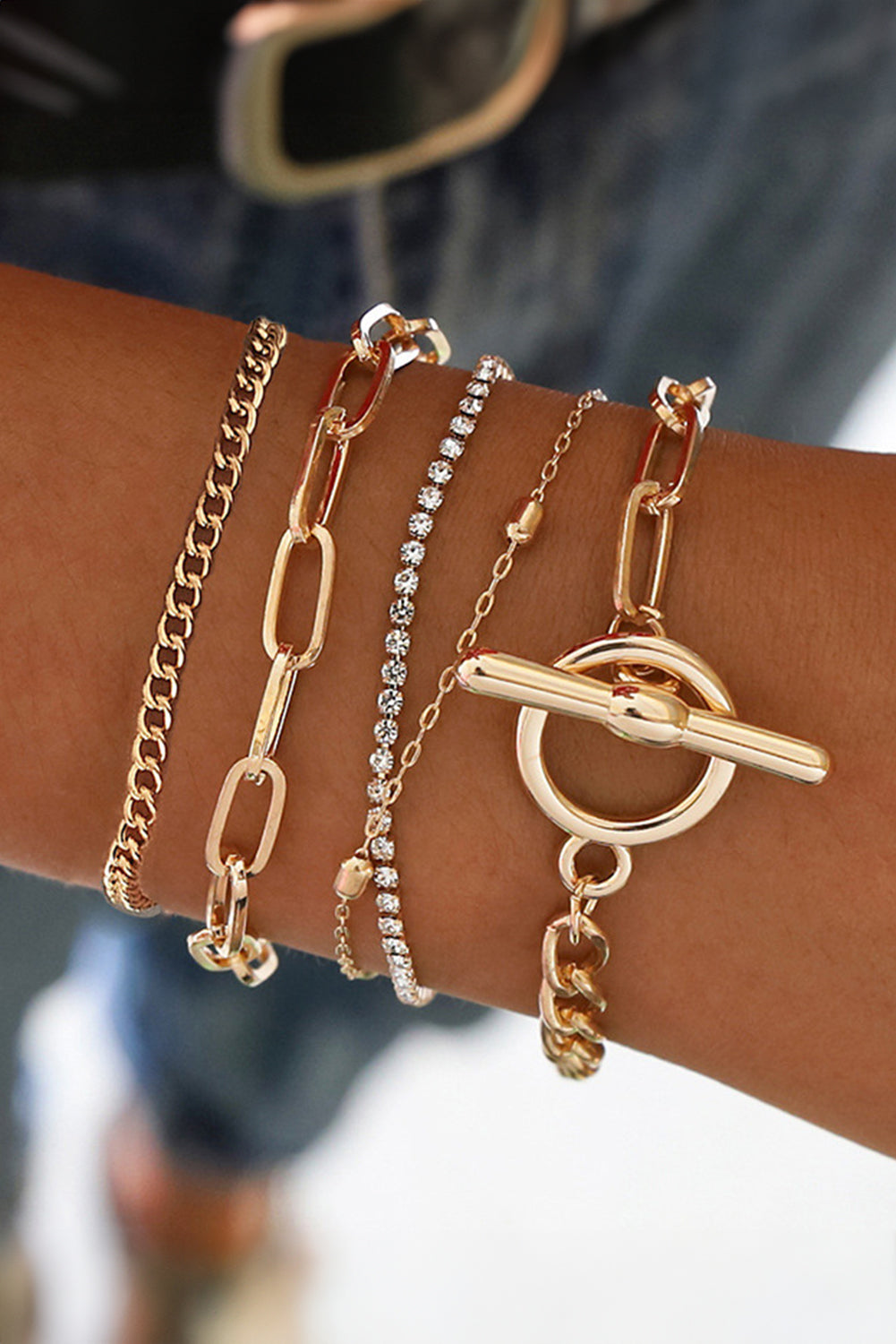 Multi Layered Rhinestone Plated Chain Bracelet Set