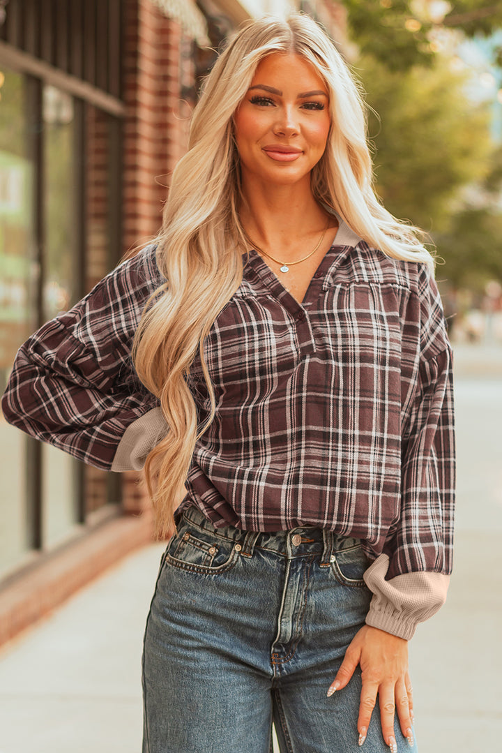 Plaid Patchwork Long Sleeve Button Hooded Blouse